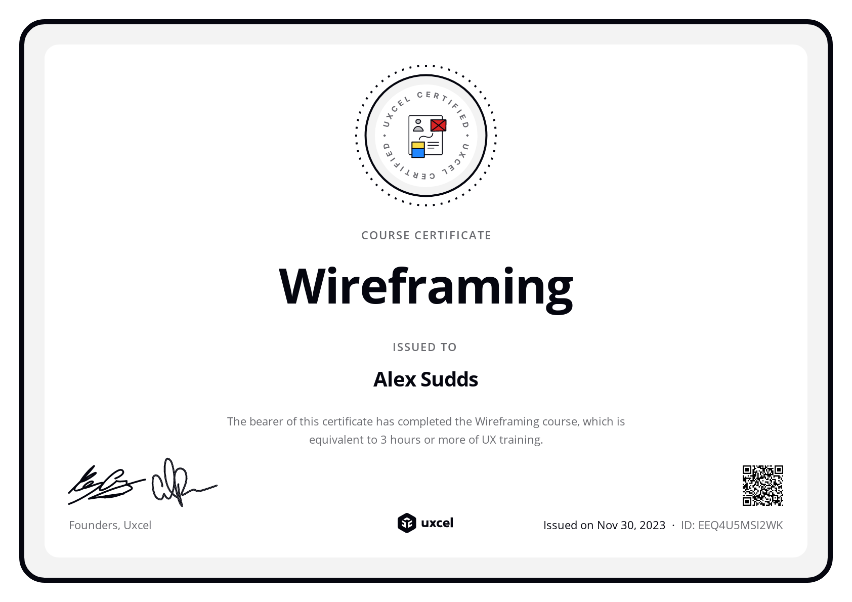 Alex Sudds's certificate